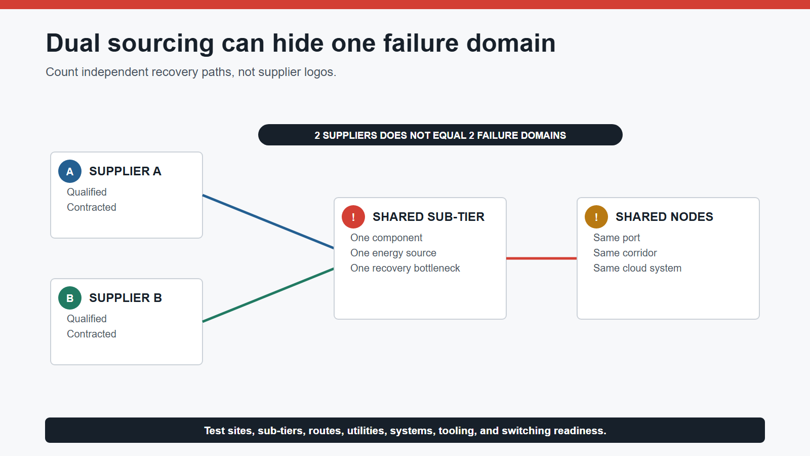 Dual-sourcing risk map showing two suppliers sharing one sub-tier producer, logistics route, and software dependency.