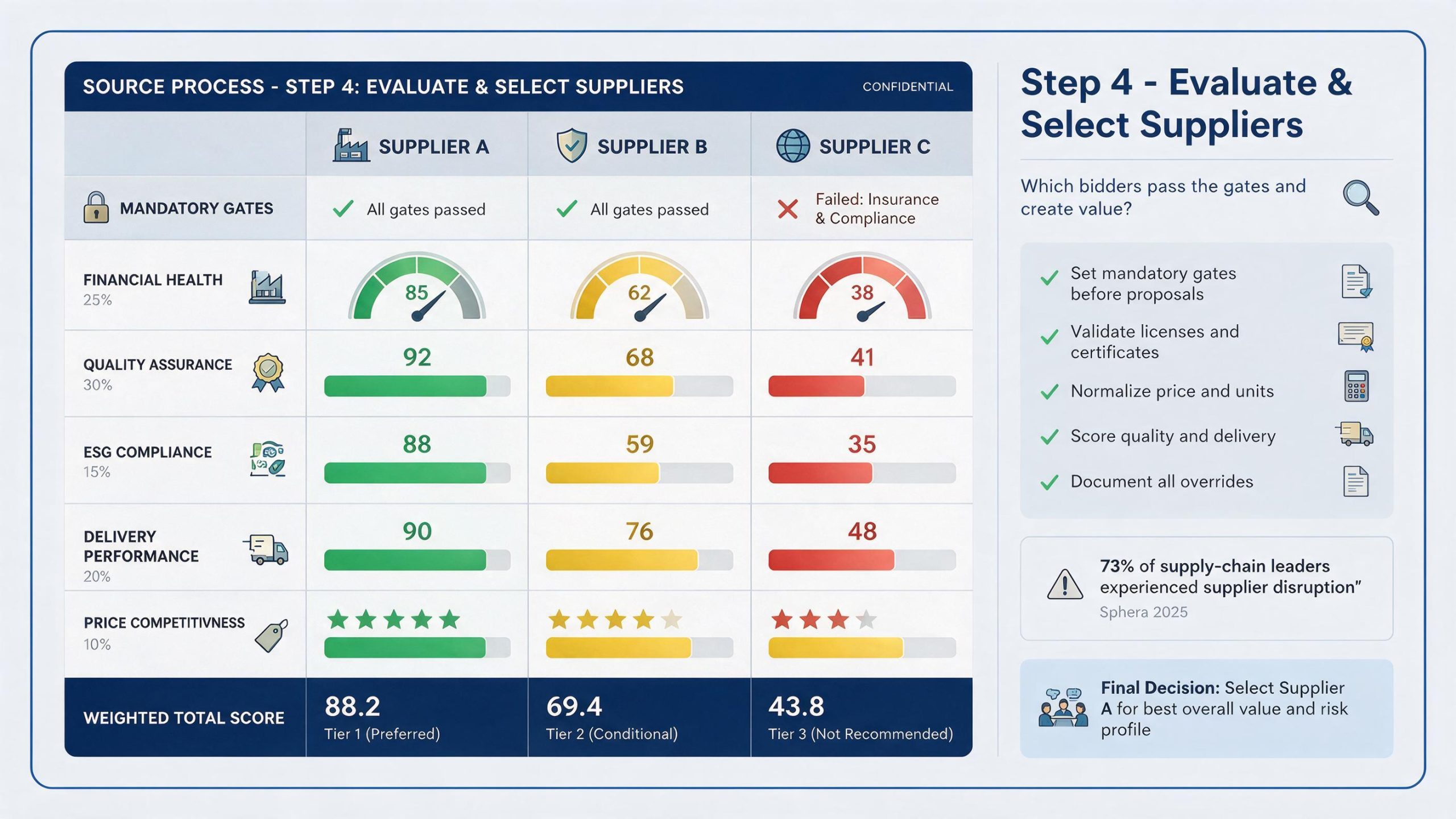 Supplier evaluation scorecard comparing quality, cost, risk, capacity, and delivery.
