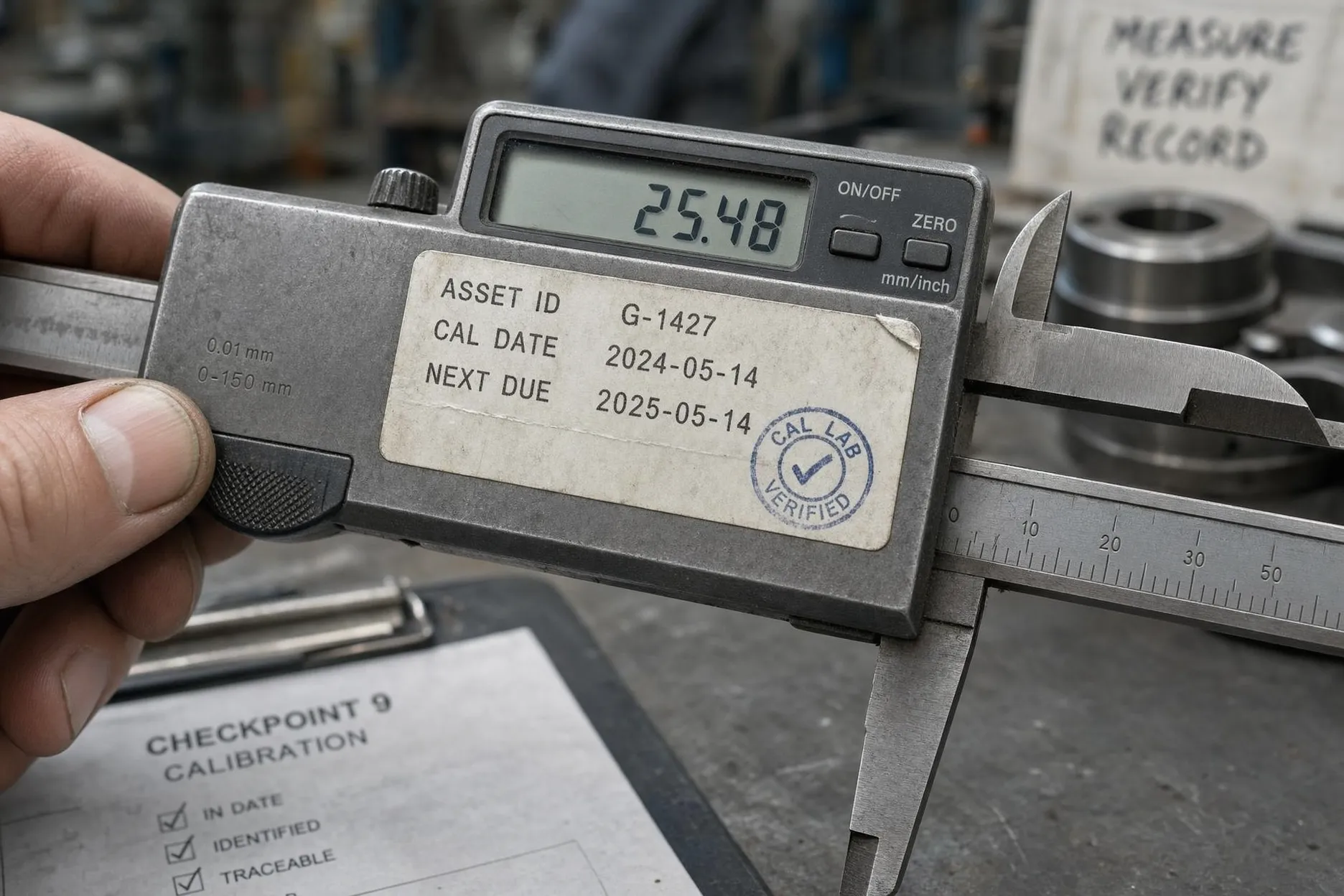 Close-up of a calibration label on factory measuring equipment showing asset ID, calibration date and next due date during a factory audit