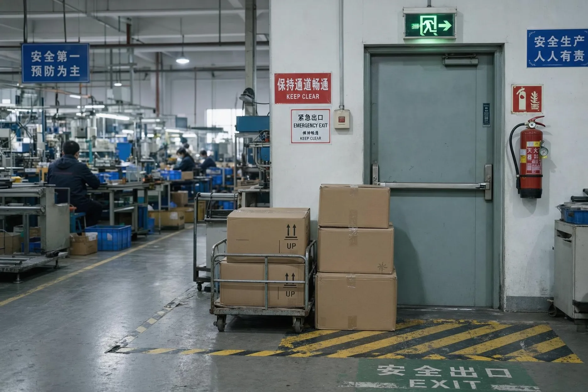 Factory audit safety check on an emergency exit, testing whether it is unlocked, unobstructed and signed during a running production shift