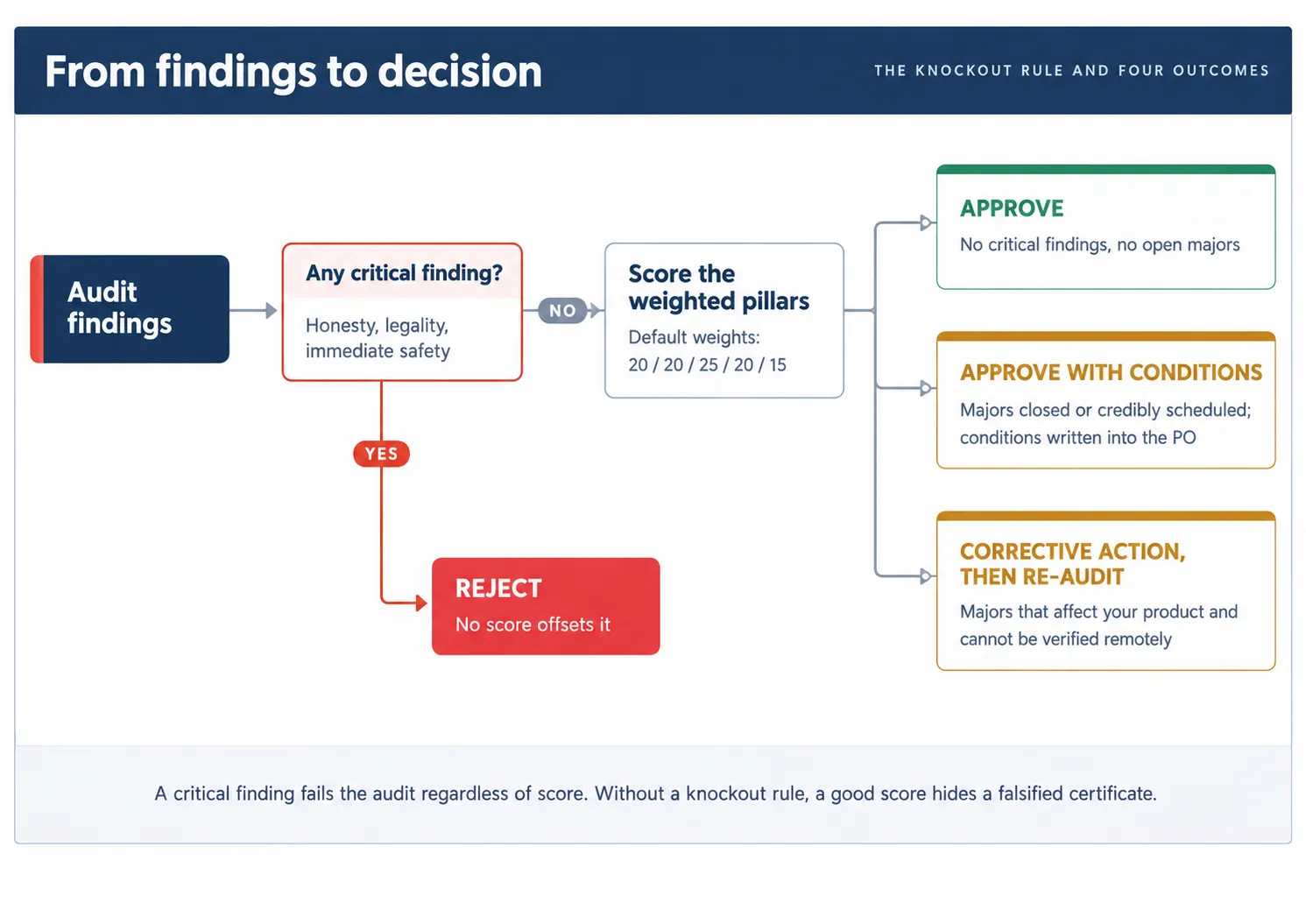 Factory audit scoring decision tree showing the knockout rule and four outcomes: approve, approve with conditions, corrective action then re-audit, or reject