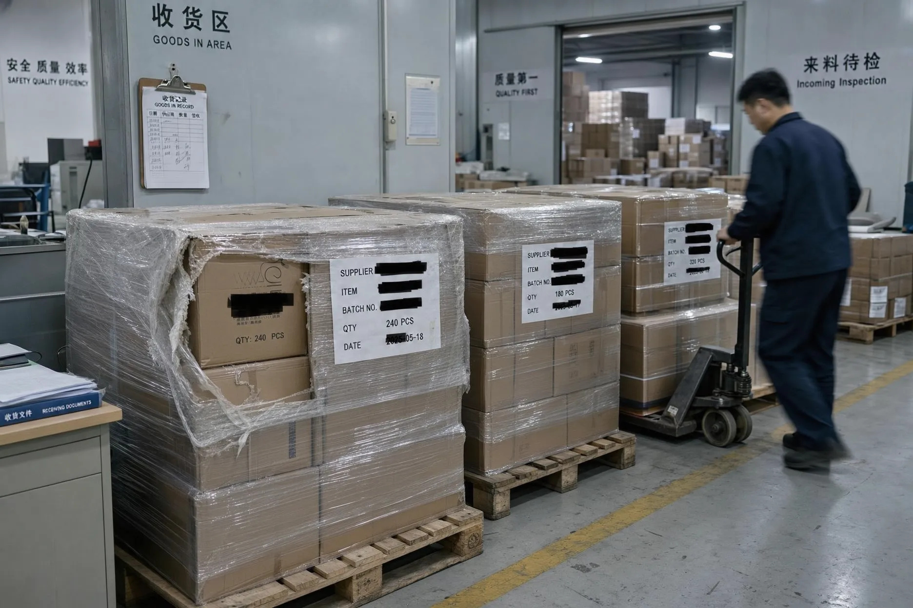 Undisclosed subcontracting red flag: work in progress arriving at a Chinese factory in a third party company's packaging on unmarked pallets
