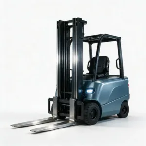 Electric counterbalance forklift moving pallets in a warehouse